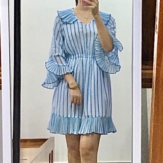 Đầm xòe rút eo, đầm tiểu thư chất voan cổ bèo, kẻ sọc trắng xanh