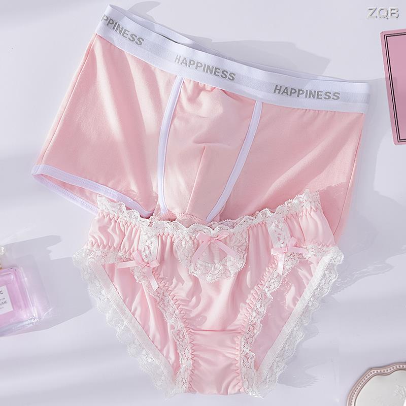 Hàng Có Sẵn Giao Hàng Nhanh Quần Lót Boxer Cotton Trơn Phối Ren Màu Hồng Phong Cách Cặp Đôi Quyến Rũ Cho Nam Và Nữ Tri