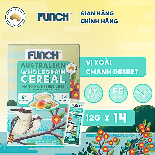 Bột Ăn Dặm Cho Bé Từ 6 Tháng  FUNCH Ngũ Cốc Nguyên Cám Gạo Lứt, Hạt Teff, Trái Cây Hộp 14 gói 168g