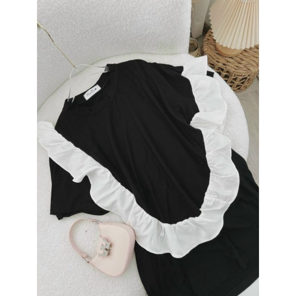 Đầm Suông Đen Viền Bèo Trắng