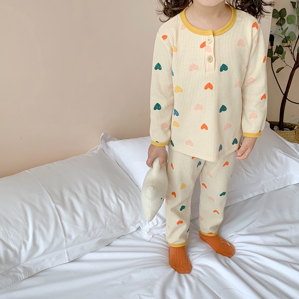 Set quần áo sơ sinh vải cotton tổ ong hình trái tim nhiều màu dài tay, Bộ quần áo bé trai và bé gái mềm mại thoáng mát