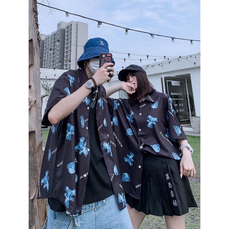 Áo somi unisex form rộng in hình gấu