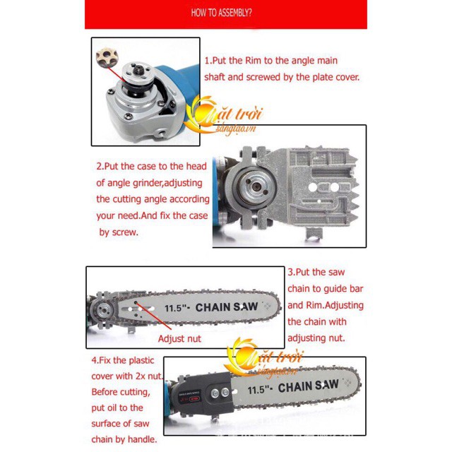 Cưa xích gắn máy mài cầm tay- biến máy mài thành máy cưa điện- cắt gỗ