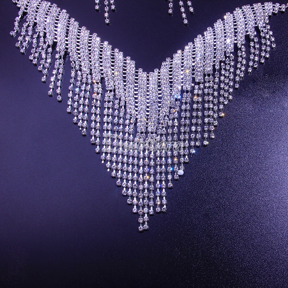 Set dây chuyền + hoa tai đính đá tua rua thời trang