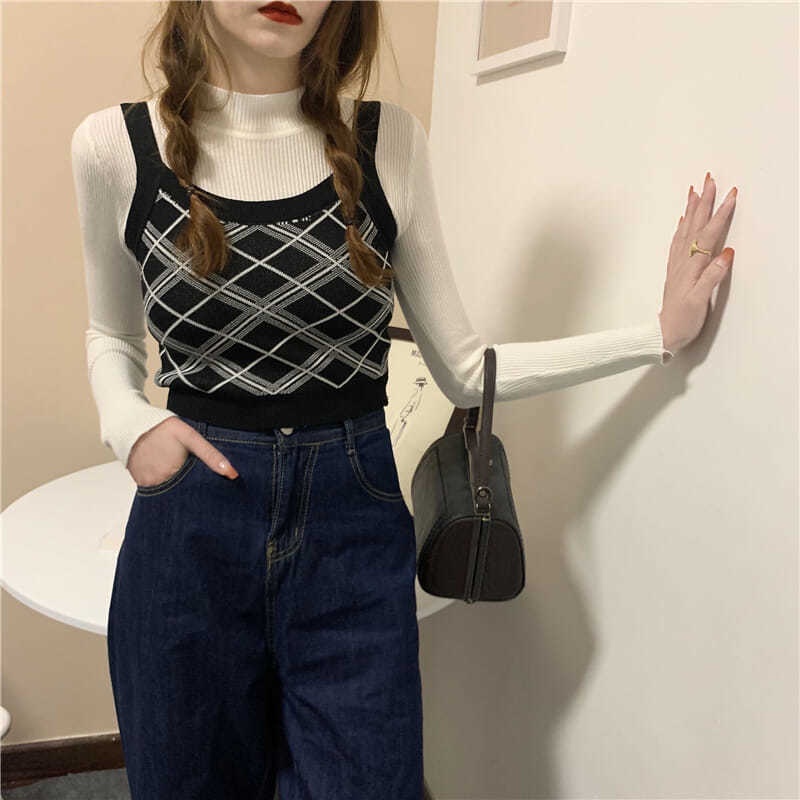 Mới Áo hai dây dệt kim dáng ôm kẻ sọc caro đính đá dễ phối đồ | BigBuy360 - bigbuy360.vn