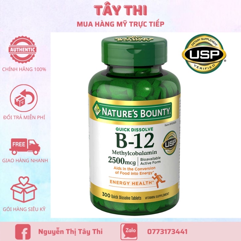 Viên Bổ Sung Vitamin B12 Nature's Bounty B12 2500mcg 300 viên