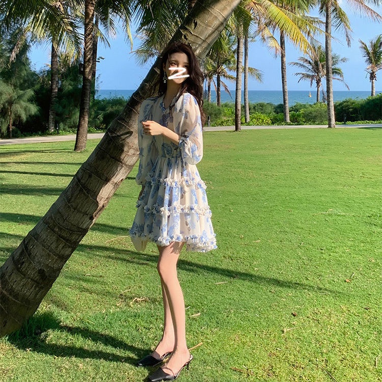2023 Đầm mini  Voan Ngắn Tay Dài In Họa Tiết Hoa Xanh Dương Thời Trang Mùa Hè Phong Cách Hàn Quốc Cho Nữ