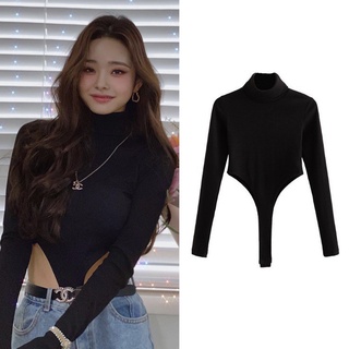 Freezia Áo Thun Cổ Cao Dáng Ôm Màu Đen Phong Cách Hàn Quốc Thời Trang Quyến Rũ Cho Nữ