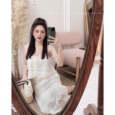 Set Váy Maxi Áo 2 Dây Với Chân Váy Suông Dáng Dài Xẻ Tà Nhẹ Ren Tiểu Thư Cá Tính Phong Cách Thời Trang - CAM CLOTHING