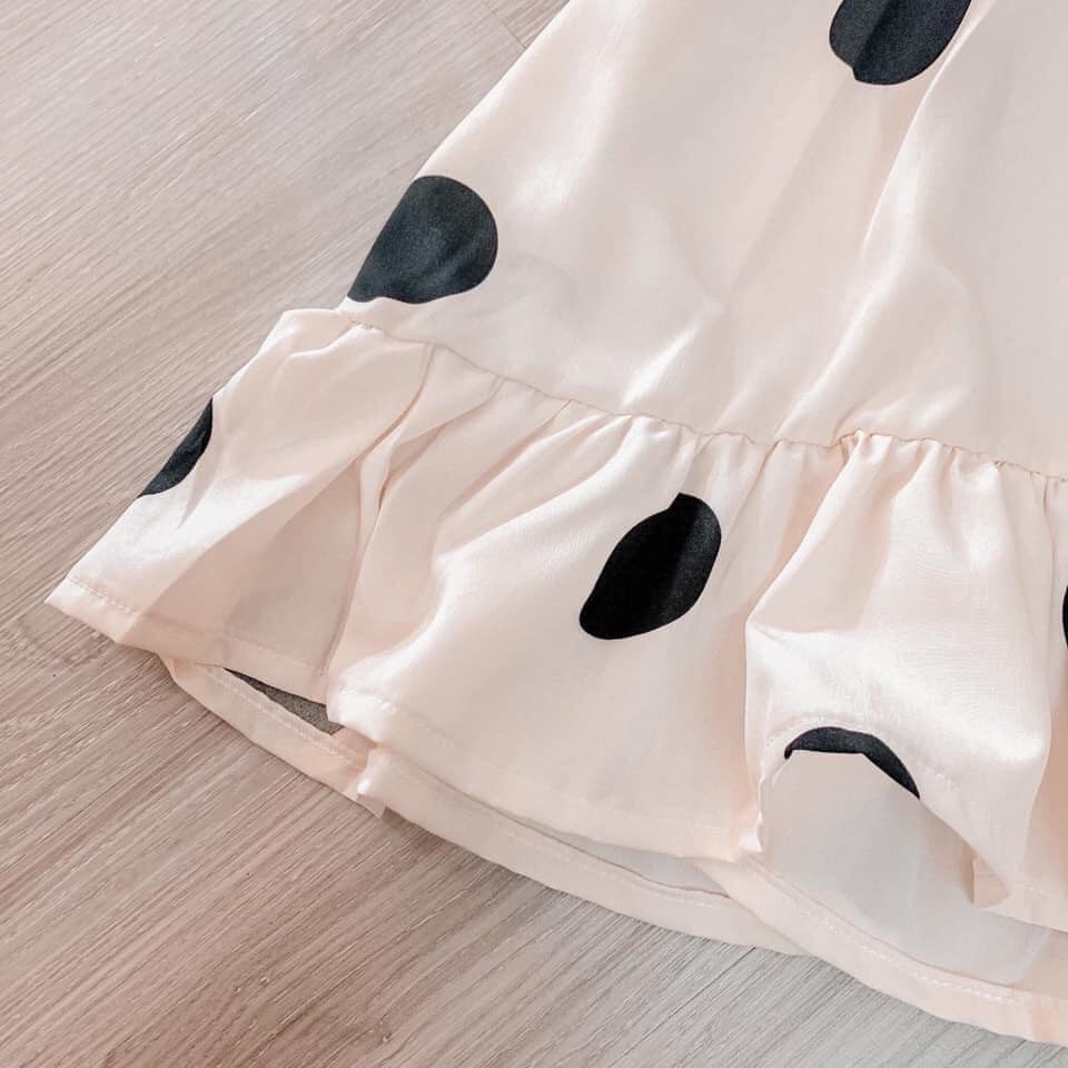 Váy bé gái chữ a tay bồng chấm bi đen trắng có nơ lưng xinh điệu đà cho bé yêu đi biển đi chơi
