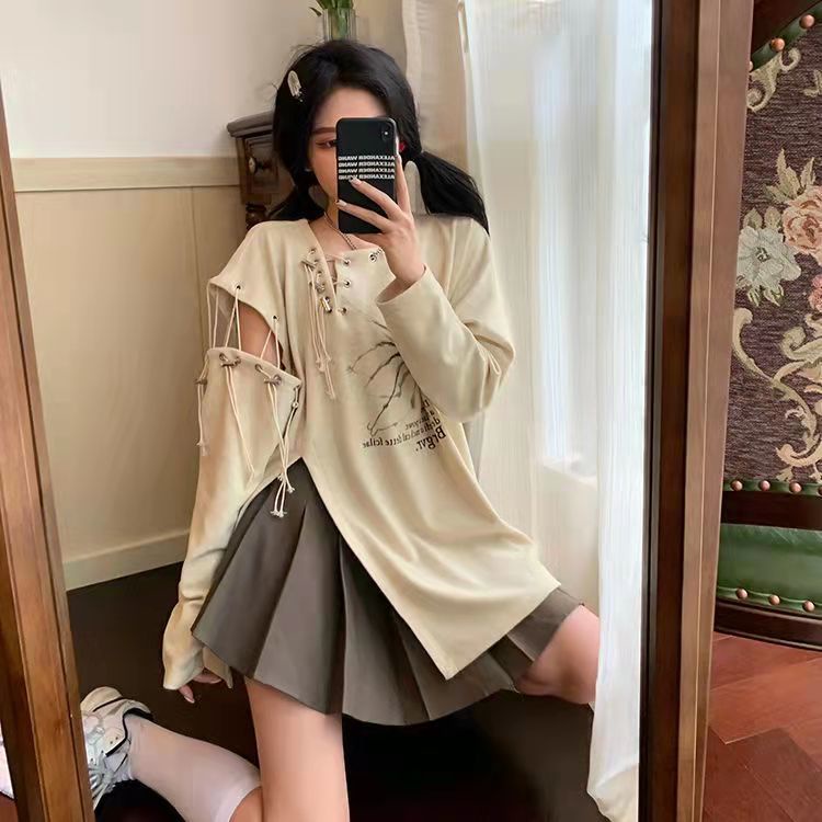Niche American sexy off-shoulder loose Spider printed split T-shirt female hot girls lazy fashion all-match ins top cMvC