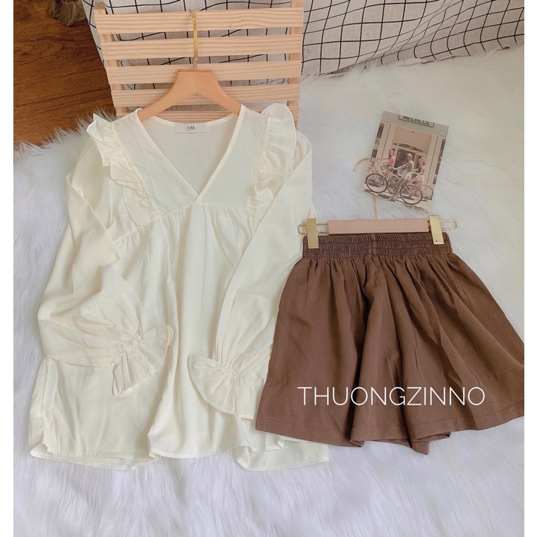 Bộ đồ thu đông hoạ tiết nhún bèo Set đồ áo kèm quần Hàn Quốc mặc thoải mái