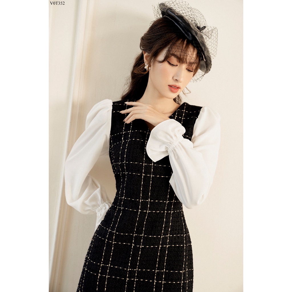 Váy dạ tweed cổ V phối tay trắng thanh lịch TIINSTORE V0T352 | BigBuy360 - bigbuy360.vn