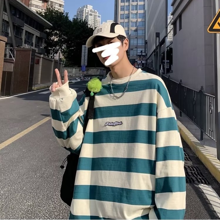 Plus Áo Sweater Tay Dài Dáng Rộng Phối Nhung Kẻ Sọc Kiểu Hàn Quốc Thời Trang Thu Đông Cho Nữ Size M-3XL