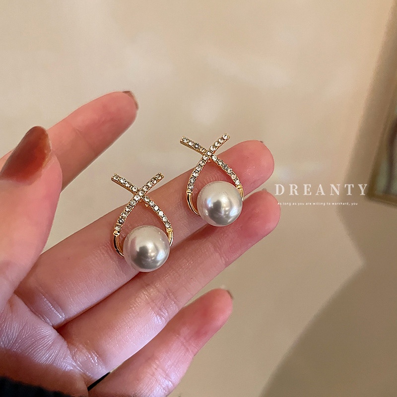 Bông Tai Mạ Bạc 925 Hình Chữ Đính Kim Cương / Ngọc Trai Độc Đáo Thời Trang Hàn Quốc Cho Nữ