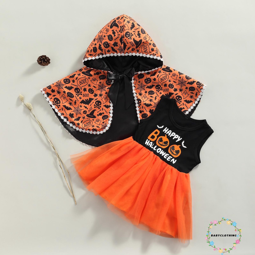 Set đầm sát nách cổ tròn in chữ + áo choàng phong cách Halloween xinh xắn cho bé gái 18 tháng - 5 tuổi