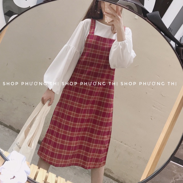 Sét yếm kẻ caro kèm áo - váy yếm kẻ đỏ ( hình thật/video/sẵn )