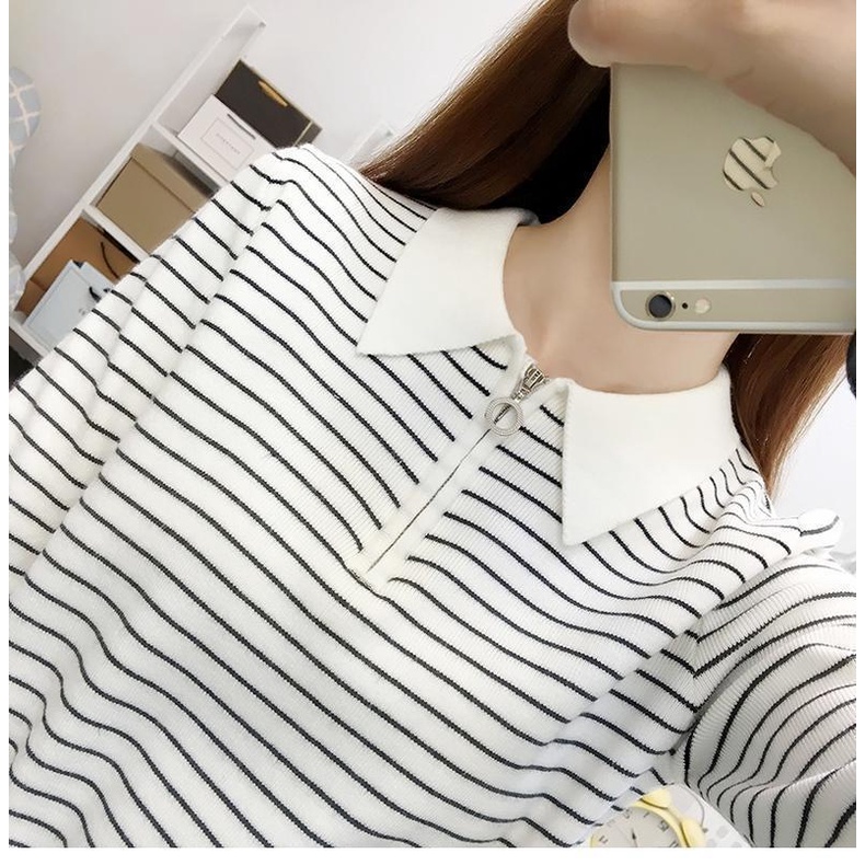 【ZHELIHANGFEI】Áo POLO Dệt Kim Tay Dài Lưng Cao Họa Tiết Kẻ Sọc Dễ Phối Đồ