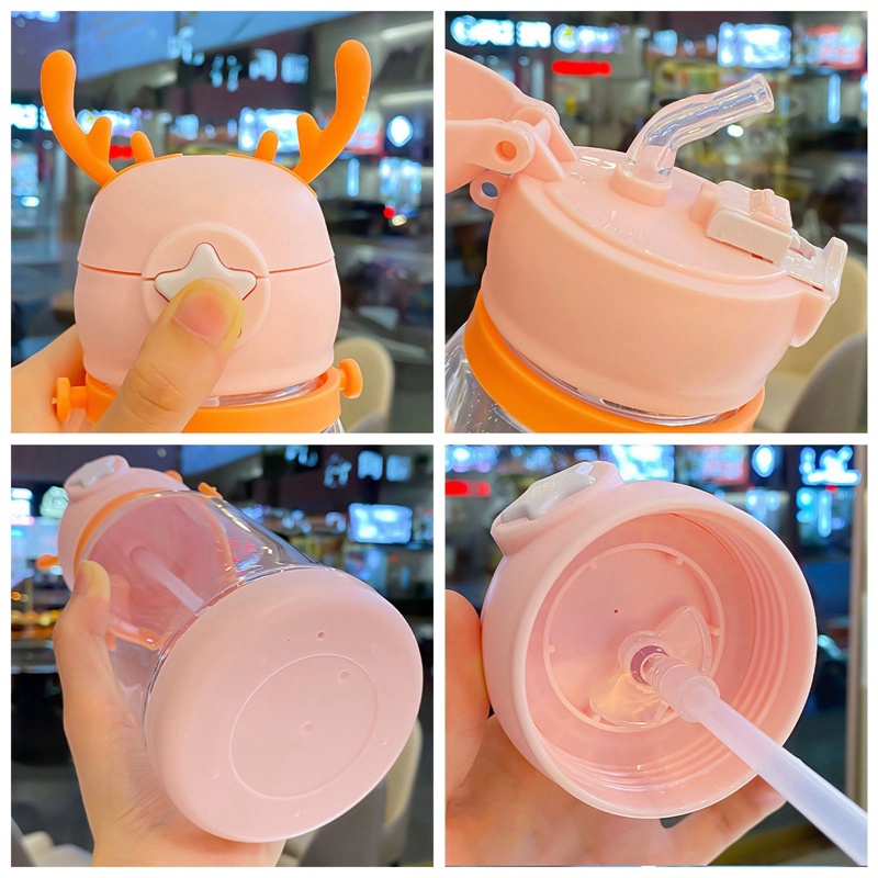 Bình Nước Hình Sừng Hươu Hoạt Hình Có Ống Hút Chống Rò Rỉ Cho Bé