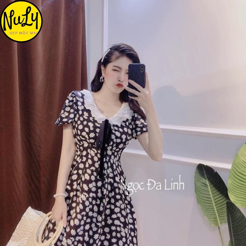 Váy Đầm Hoa Cúc Cổ Ren Tay Ngắn Dáng Dài Xòe,Váy Thiết Kế Hotrend Phong Cách Hàn Quốc Freesize<70kg | BigBuy360 - bigbuy360.vn