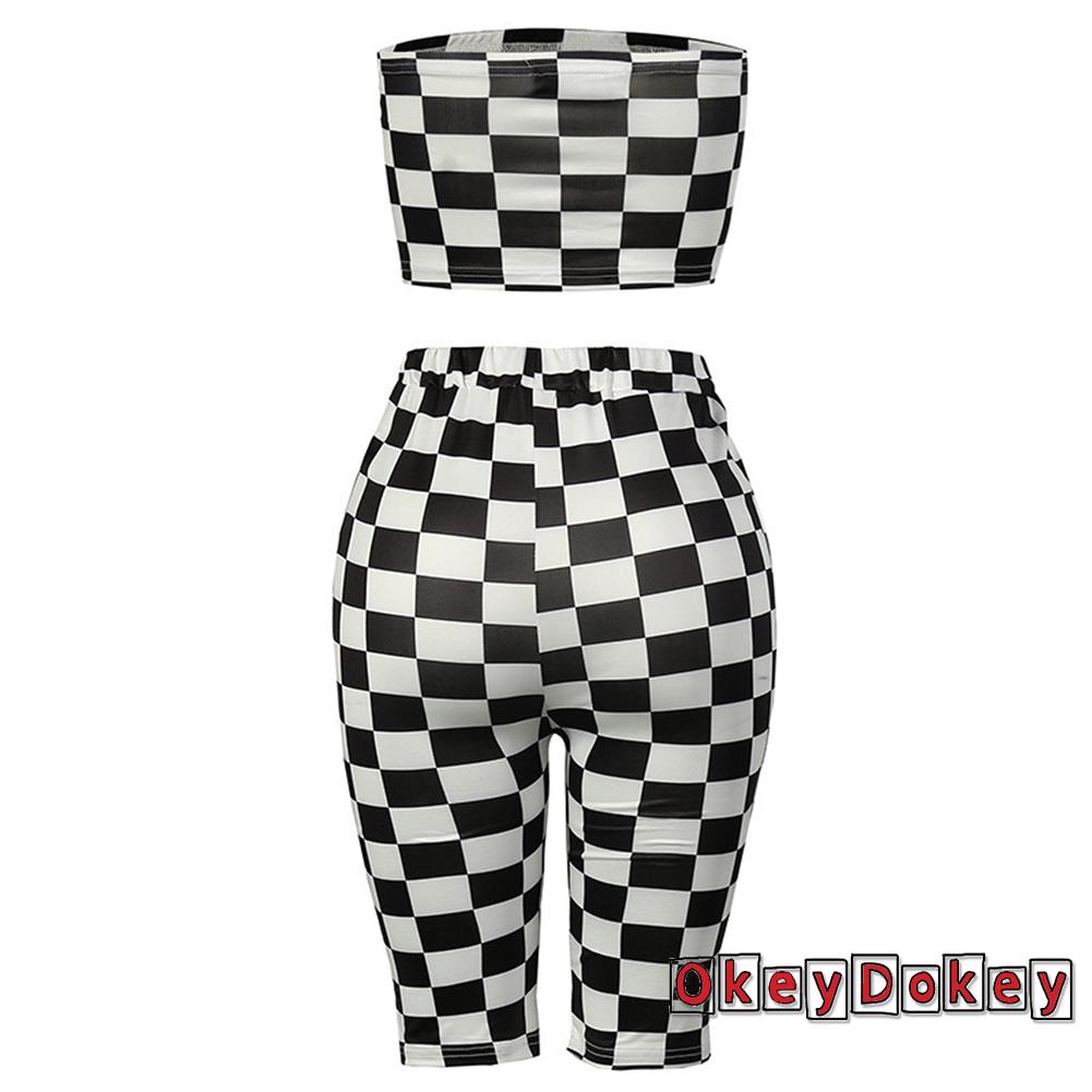 ❤OKDK-Women 2-Piece Outfit Set Plaid Pattern Off Shoulder Sleeveless Letter Print Crop Chest Wrap Top Long Elastic Band Pants Set