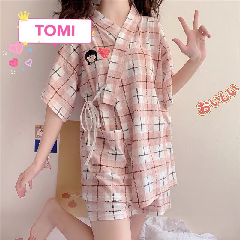 Đồ bộ nữ, bộ pijama nữ ngắn tay kẻ hồng buộc dây - TOMI BOUTIQUE