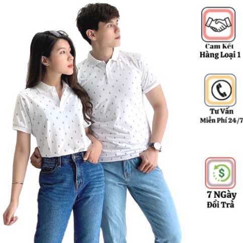 HOKO Áo PoLo Nam Nữ , Áo PoLo Đôi Họa Tiết Mỏ Neo Thiết Kế Chuẩn Sang