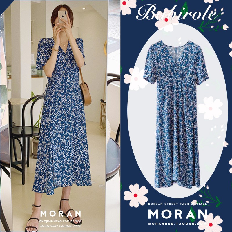 (ORDER) Váy MORAN cộc tay hoa nhí cổ V màu xanh dương thắt eo nhẹ nhàng vintage thanh lịch Korea (HÀNG MỚI 2020)