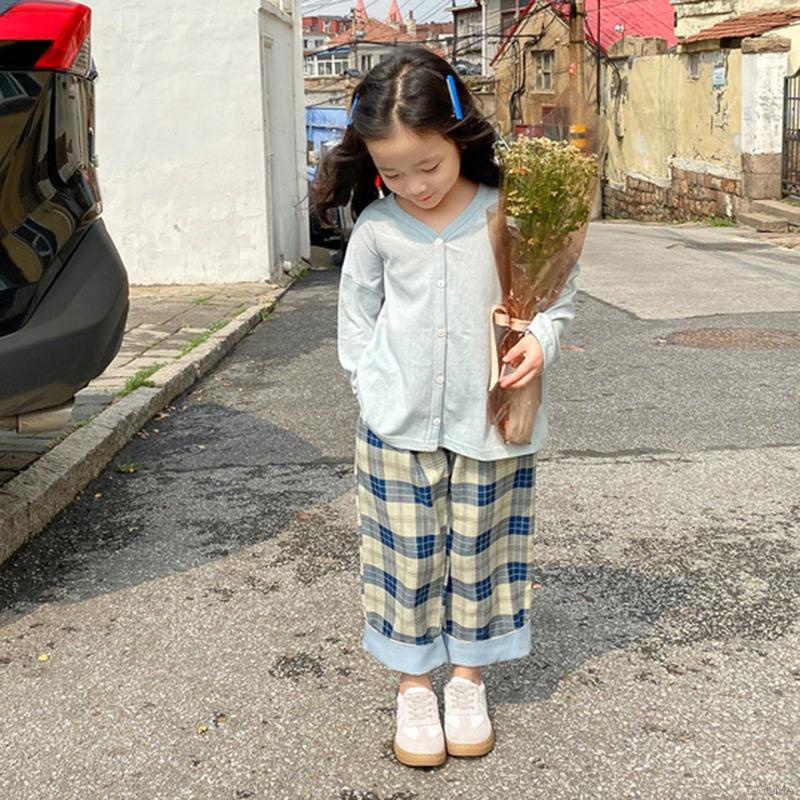 Quần dài lưng thun ống rộng họa tiết sọc caro phong cách Hàn quốc