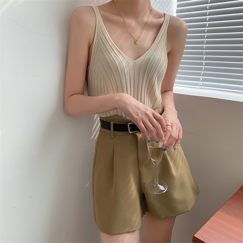 Áo dệt kim SUXI không tay cổ chữ v màu sắc đơn giản thời trang mùa hè dành cho nữ