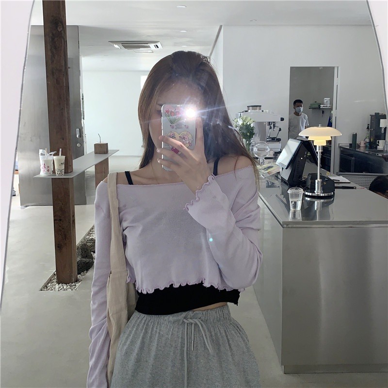 (QC L1) SET ÁO CROPTOP LEN GIẤY DÀI TAY CHỈ NỔI HỒNG TÍM TRẮNG + ÁO DÂY ĐEN ULZZANG - ÁO LEN GẠO LỆCH VAI BASIC | BigBuy360 - bigbuy360.vn