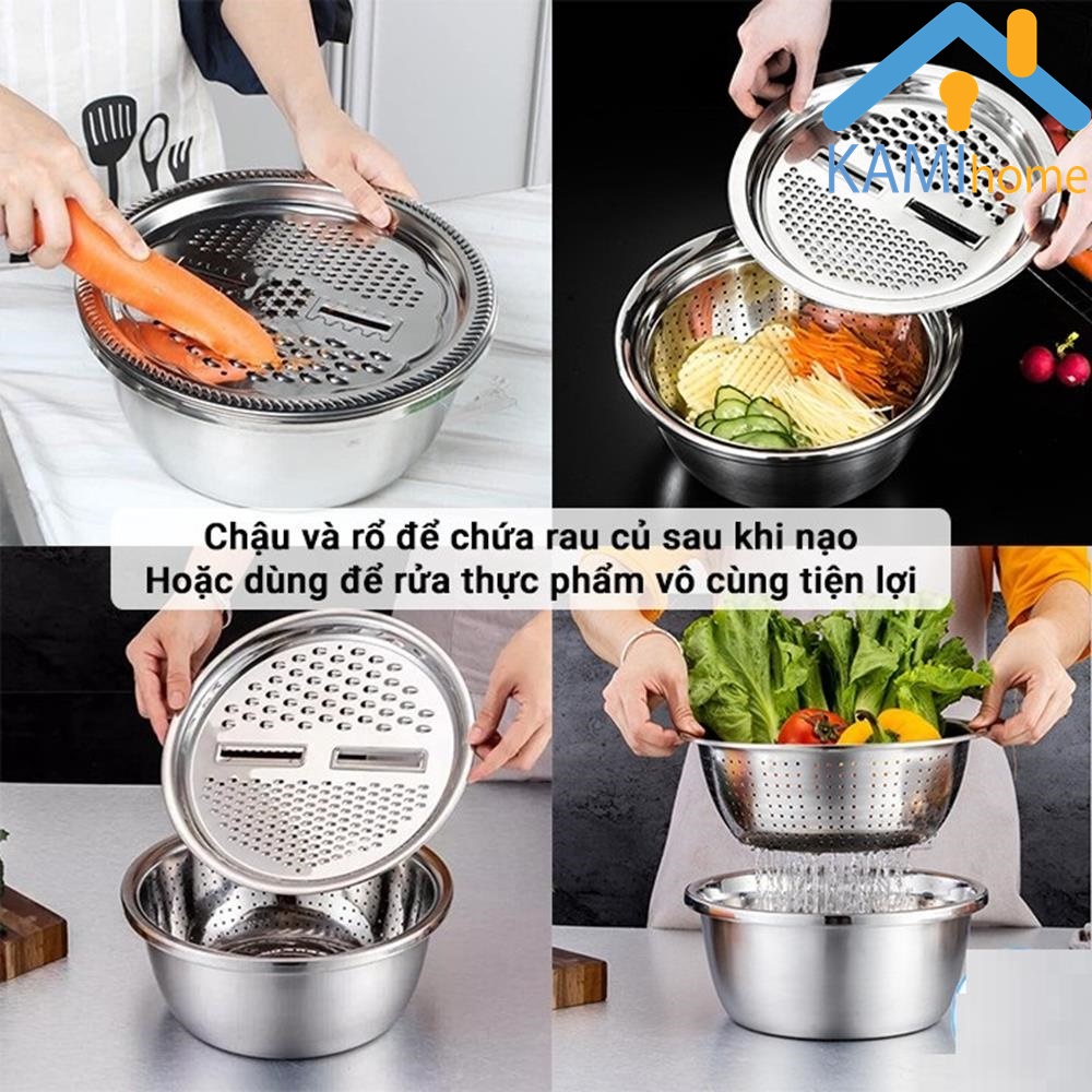 Bộ bát Inox đa năng gồm: Bàn nạo 4 kiểu + Rổ thưa + Thố đựng thực phẩm KM20076