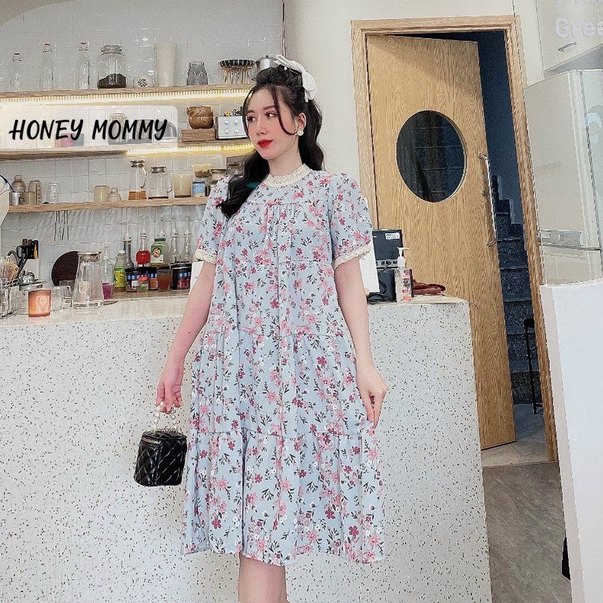 Váy Bầu Voan Hoa Nhí Cổ Ren Kèm Dây Buộc HD2835 Honey Mommy Đầm Bầu Hè Ngắn Tay Công Sở Đi Chơi