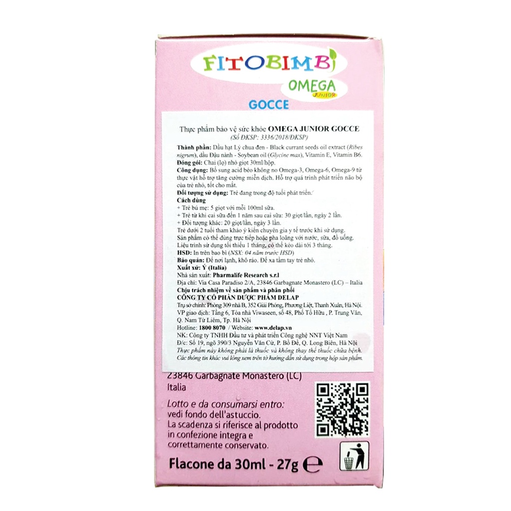 Siro Fitobimbi Omega Junior - Bổ Sung Omega 369, DHA, EPA Giúp Phát triển trí não cho bé (Chai 30ml)