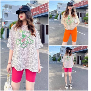 Sét bộ cotton áo phông hoạ tiết thêu gấu + quần ngố xin xò