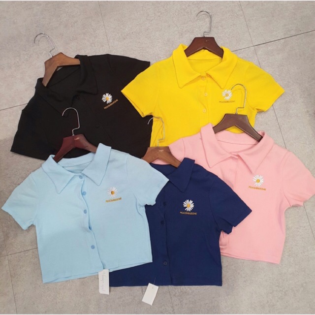 POLO DAISY Áo croptop polo thêu hoa cúc