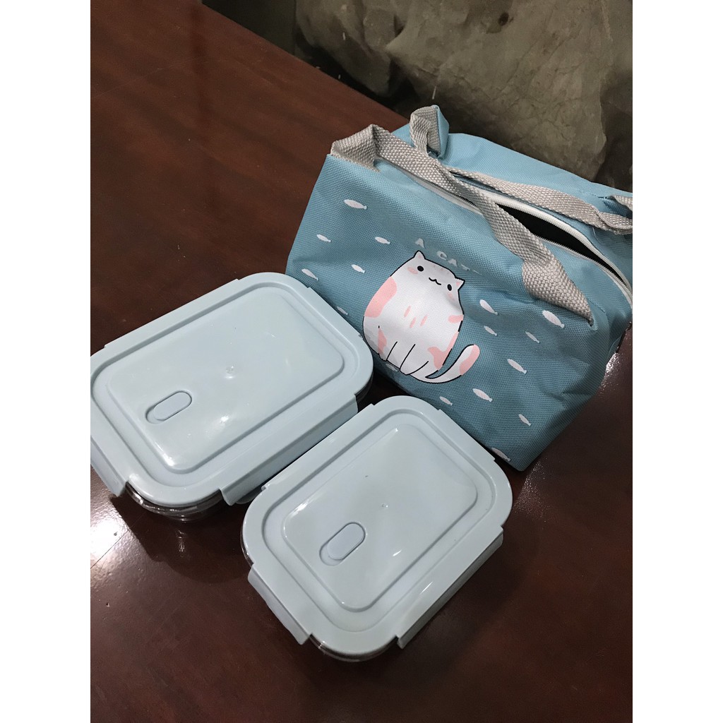 Hộp cơm thủy tinh Hộp cơm văn phòng tặng túi giữ nhiệt và thìa đũa