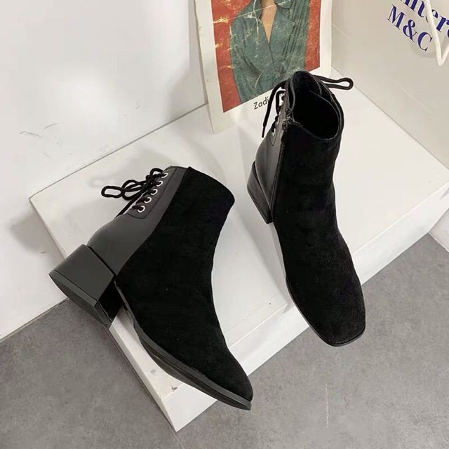 (Order) Boots Ulzzang cổ ngắn da lộn gót đan dây cao 4cm - Có ảnh thật