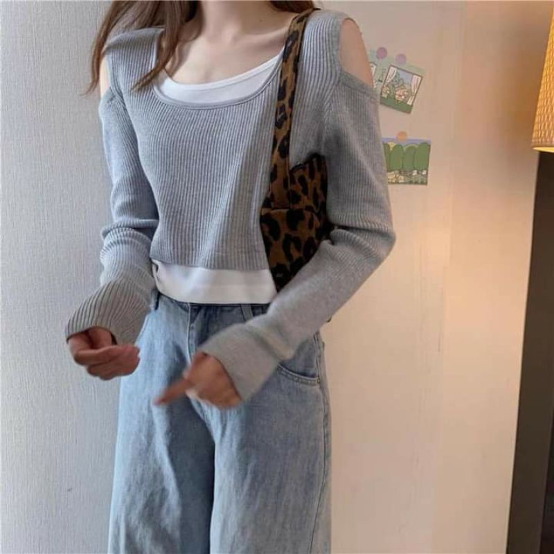 Áo thun gân tay dài khoét vai Thu Đông🍁