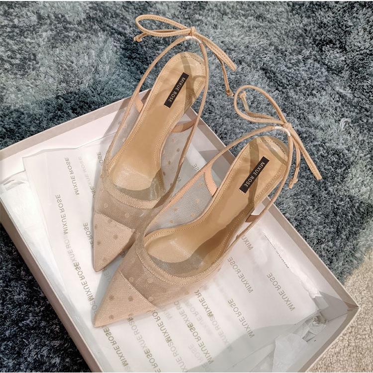 Giày Cao Gót Mũi Nhọn Cột Dây Hở Lưng Họa Tiết Chấm Bi Phong Cách Pháp 2022 Thời Trang Cho Nữ