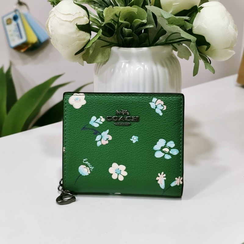 TNS-Ví ngắn cầm tay mini trendy Snap Wallet-chất da cao cấp-tone màu xanh lá hoa nhí xinh