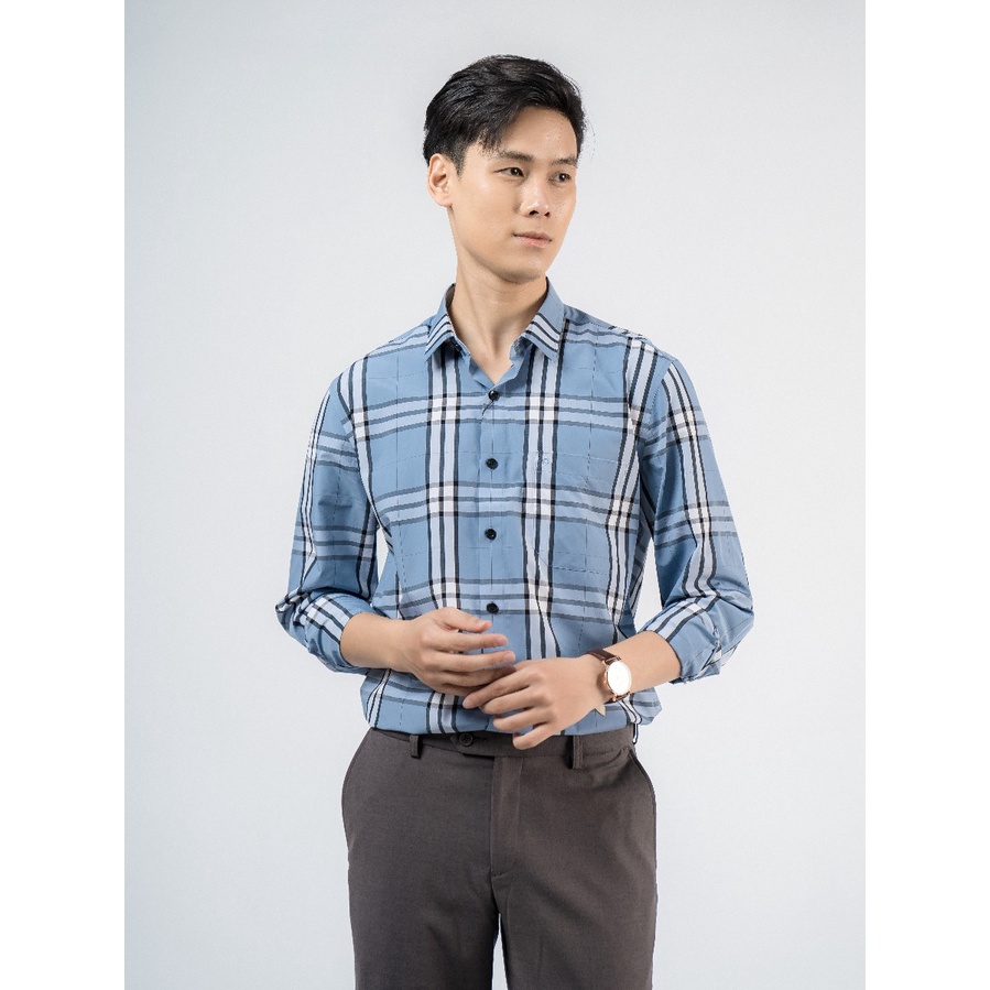 Áo sơ mi nam dài tay OWEN AR220053DT somi công sở vải sợi tre cao cấp màu kẻ caro xanh tà lượn dáng suông có túi