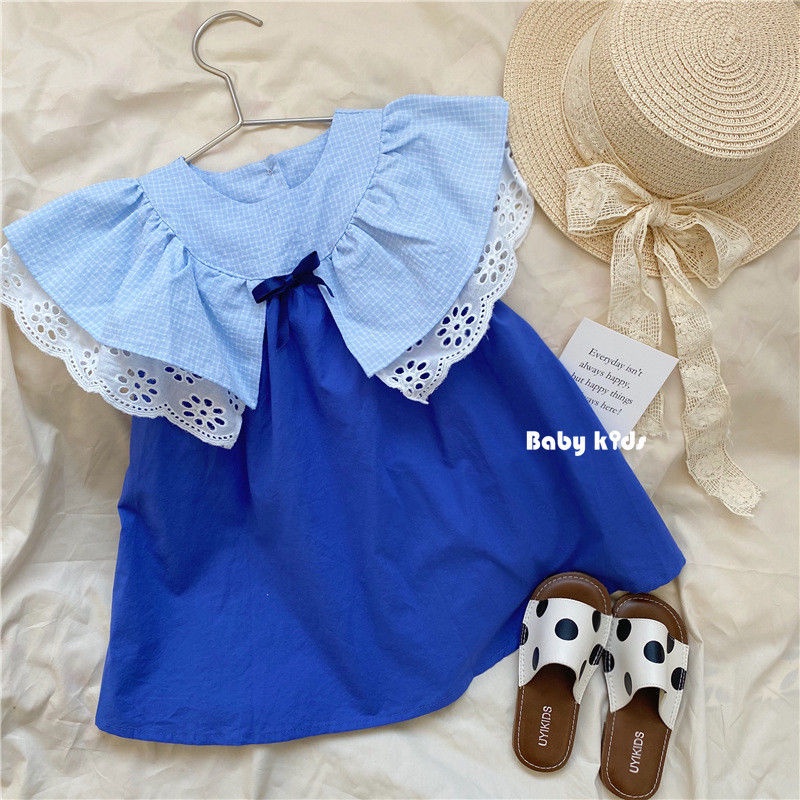 Đầm Công Chúa Cổ Ren Màu Xanh Dương Bằng Vải Cotton Thời Trang Mùa Hè Cho Bé Gái