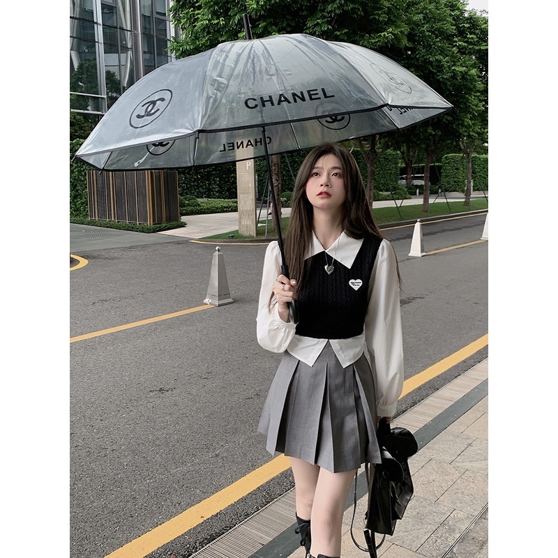 Set Ulzzang Áo Sơ Mi Giả 2 Mảnh + Chân Váy Xếp Ly Lưng Cao Mẫu Mới Nhất Cho Nữ