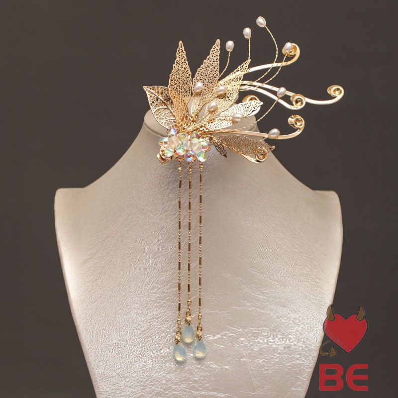 Kẹp tóc YADORNOS thiết kế chiếc lá đính đá thời trang phong cách Trung Hoa