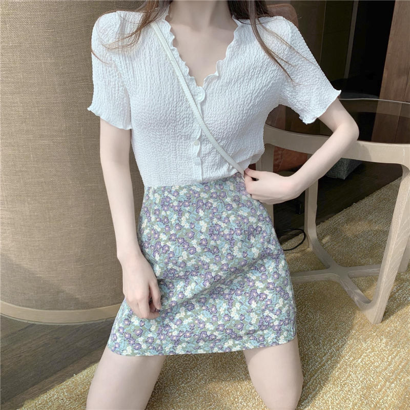 Bộ 2 Món Áo Kiểu Chiffon Ngắn Tay Cổ Chữ V + Chân Váy In Họa Tiết Hoa Cho Nữ 1124