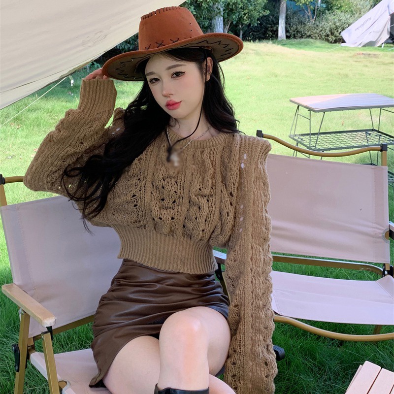 Áo Croptop Dệt Kim Tay Dài Cổ Tròn Màu Trơn Thời Trang Phong Cách Hàn Quốc Cho Nữ