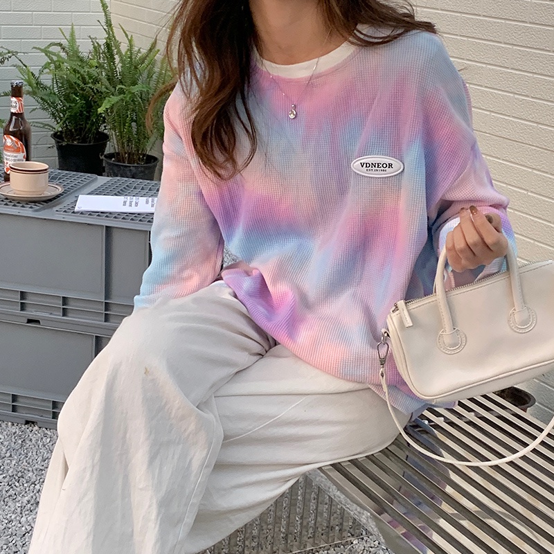 SUXI Áo Thun Tay Dài Nhuộm Màu Dáng Rộng Thời Trang Xuân Thu