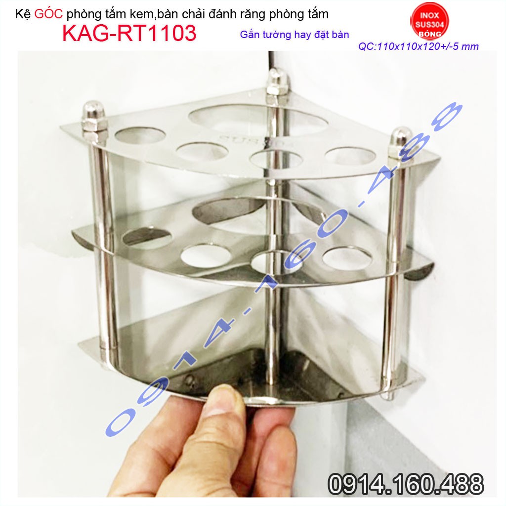 Kệ inox 304 để kem đánh răng bàn chải KAG-RT1103, giá để cây đánh răng sử dụng tiện lợi siêu bền lắp góc