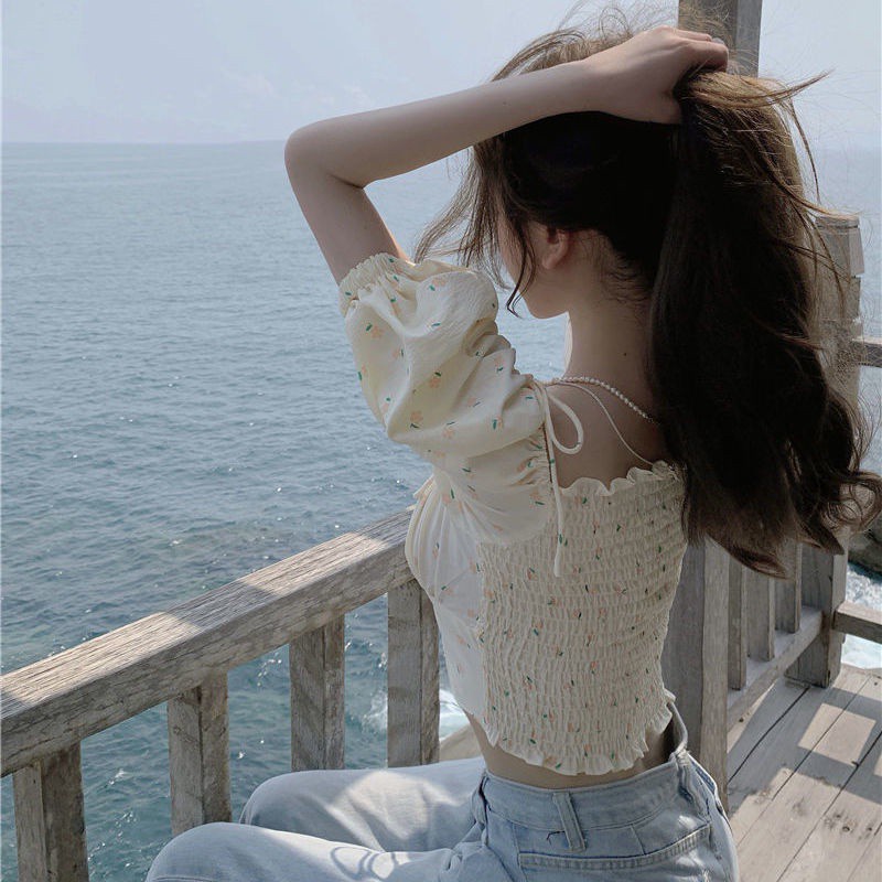 Áo hoa COZOKC tay phồng cổ vuông thời trang cho nữ